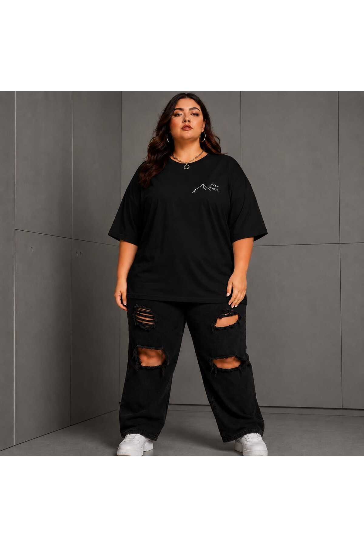 Büyük Beden Kadın Oversize Dağ Baskılı Basic Tişört Bisiklet Yaka Kısa Kollu Rahat Günlük Tişört Siyah - Açık Mavi L XL 2XL 3XL 4XL 5XL 6XL 7XL 8XL 9XL