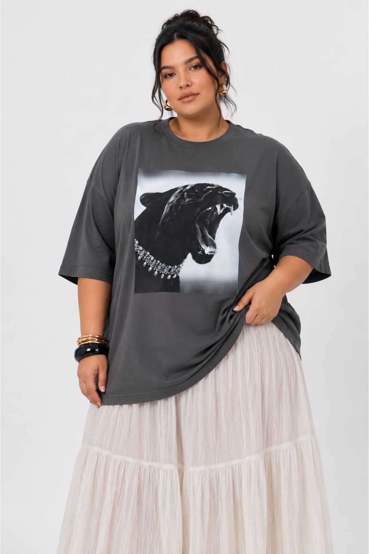 Kadın Büyük Beden Oversize Panter Baskılı Tişört Bisiklet Yaka Kısa Kollu Basic Günlük Tişört L XL 2XL 3XL 4XL 5XL 6XL 7XL 8XL 9XL